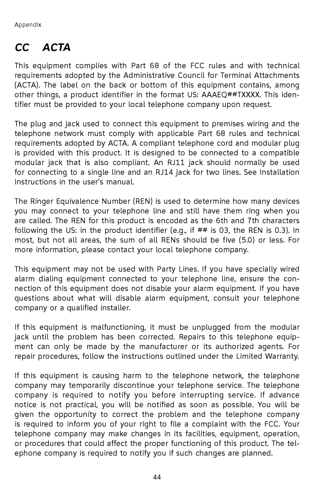 AT&T E5802B, E1833B, E1802B, E5833B user manual FCC Part 68 and Acta 