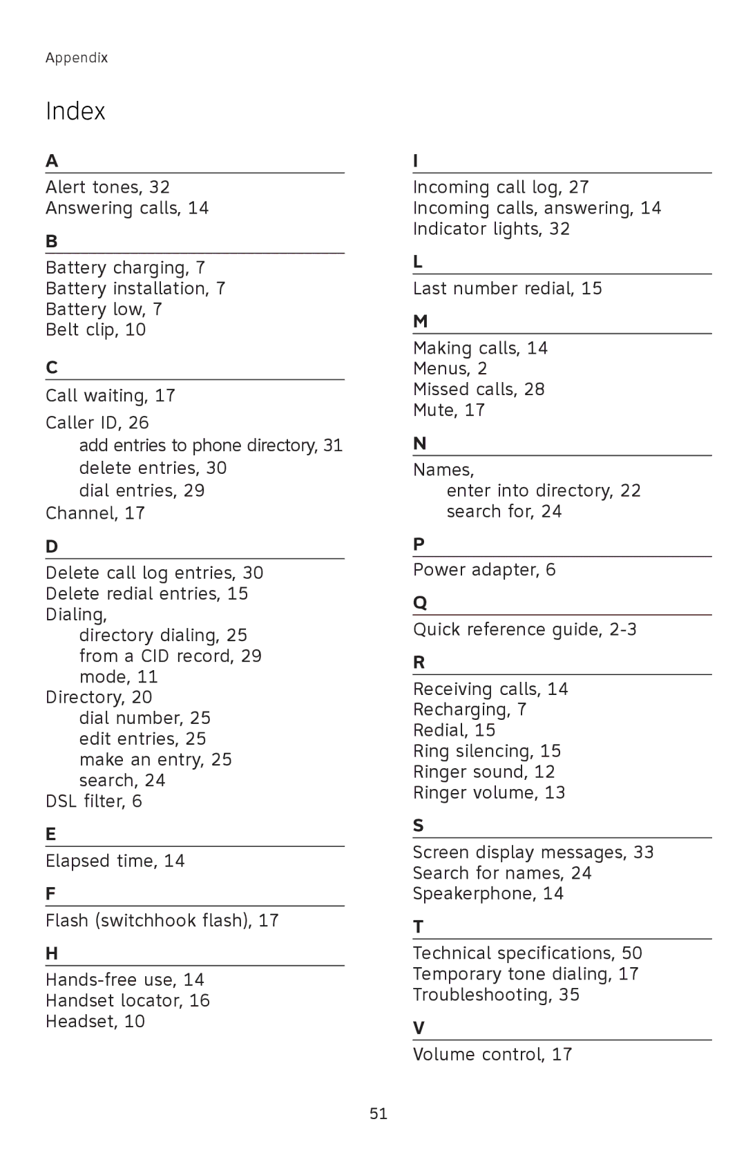 AT&T E5833B, E1833B, E1802B, E5802B user manual Index 