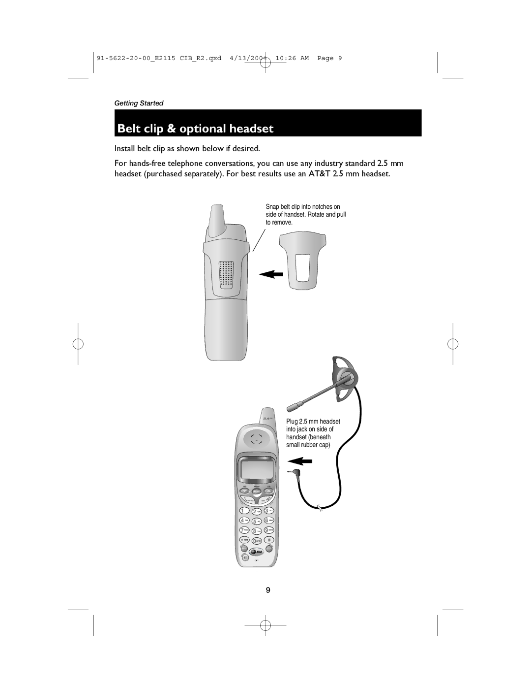 AT&T E2115 user manual Belt clip & optional headset, Install belt clip as shown below if desired 