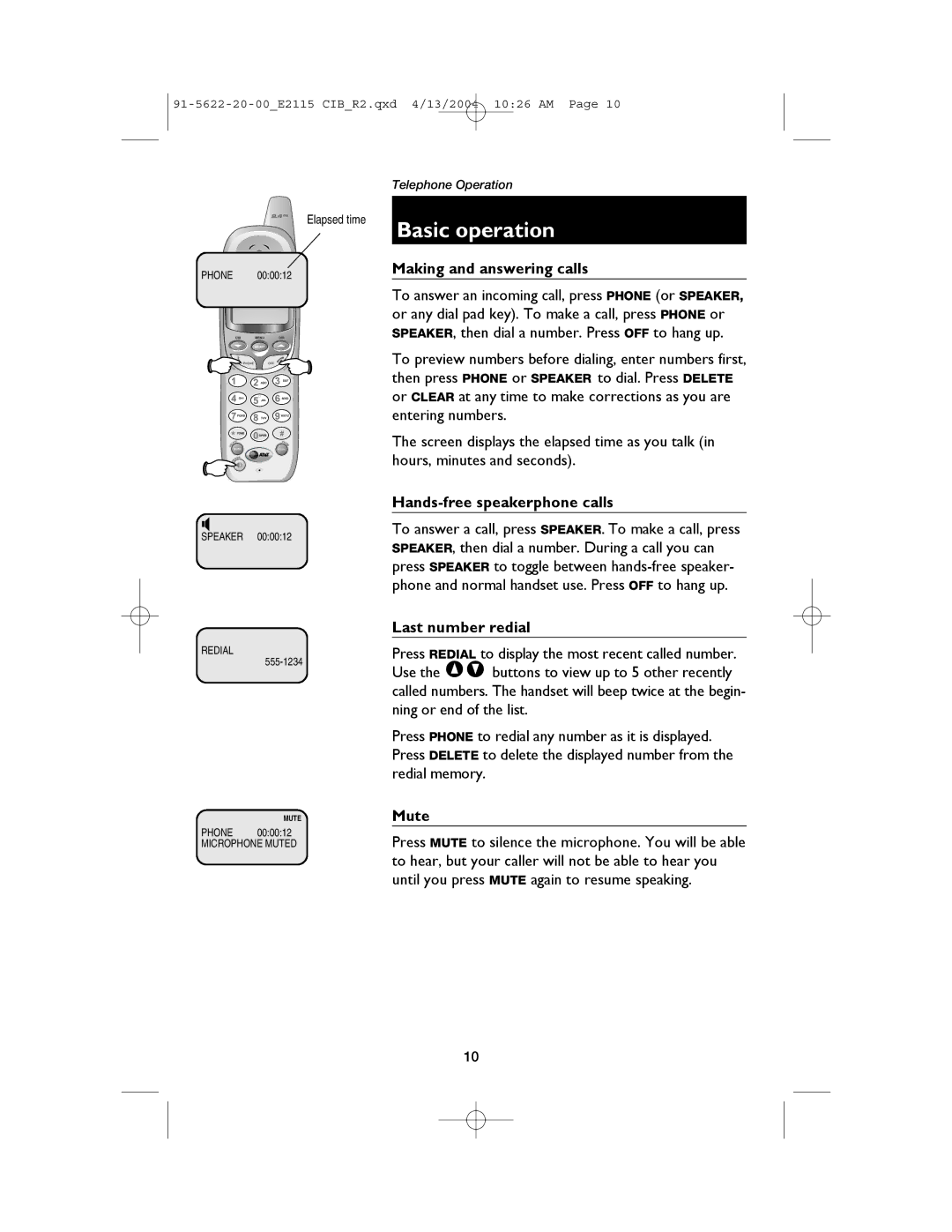 AT&T E2115 user manual Basic operation, Making and answering calls, Hands-free speakerphone calls, Last number redial, Mute 