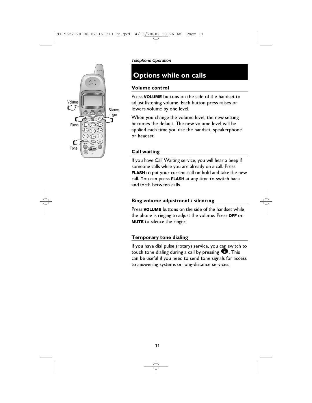 AT&T E2115 user manual Options while on calls, Volume control, Call waiting, Ring volume adjustment / silencing 