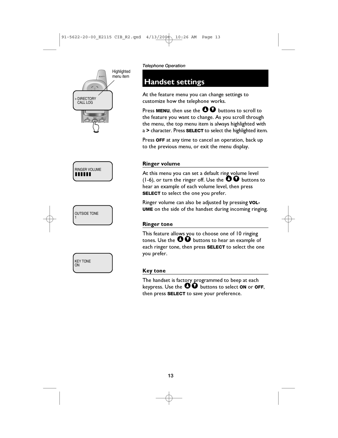 AT&T E2115 user manual Handset settings, Ringer volume, Ringer tone, Key tone 