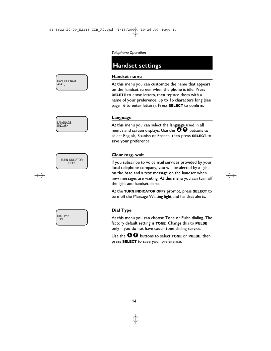 AT&T E2115 user manual Handset name, Language, Clear msg. wait, Dial Type 