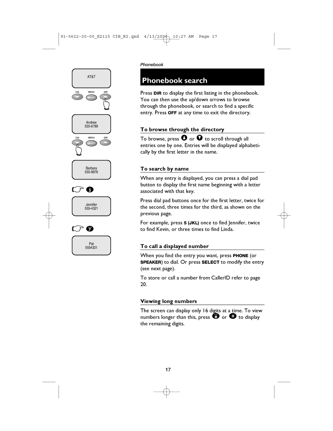 AT&T E2115 user manual Phonebook search, To browse through the directory, To search by name, To call a displayed number 