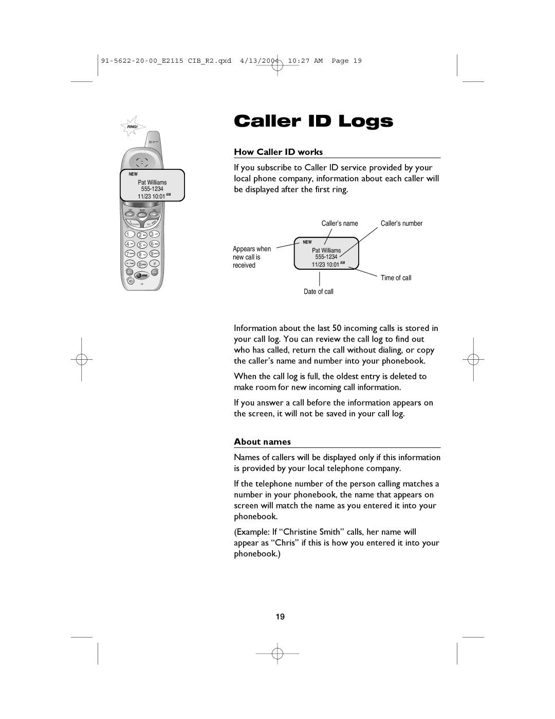 AT&T E2115 user manual How Caller ID works, About names 