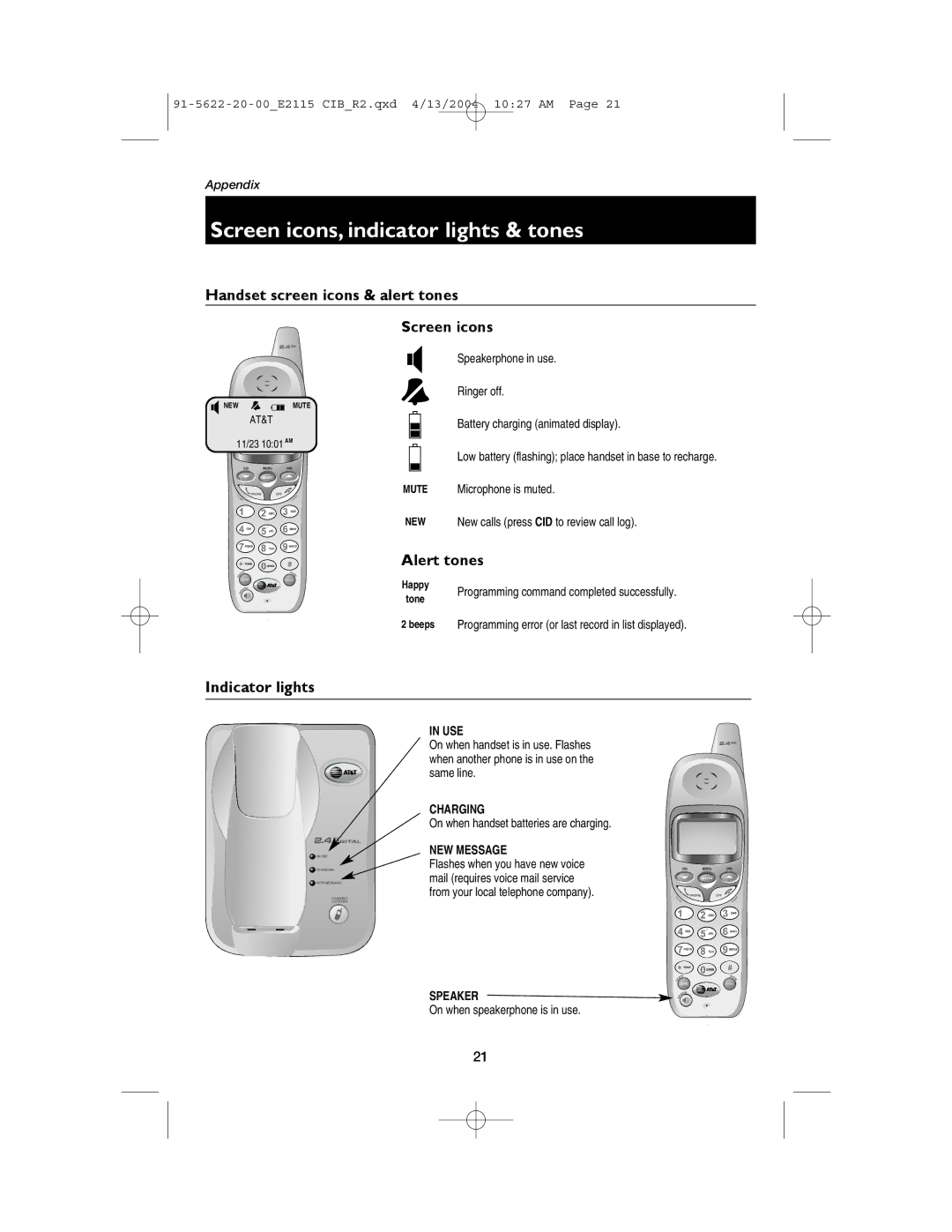 AT&T E2115 user manual Screen icons, indicator lights & tones, Handset screen icons & alert tones Screen icons, Alert tones 