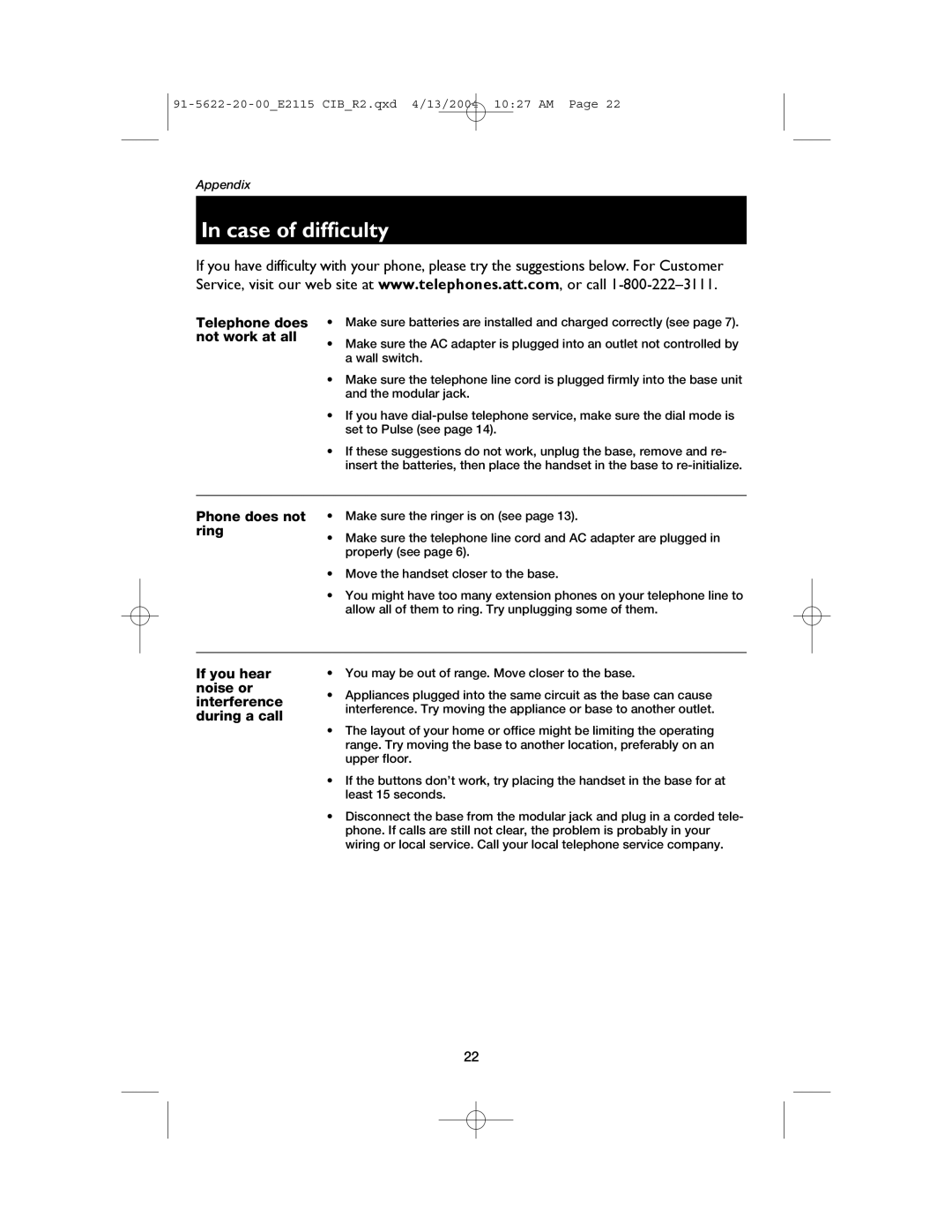 AT&T E2115 user manual Case of difficulty, Telephone does not work at all 