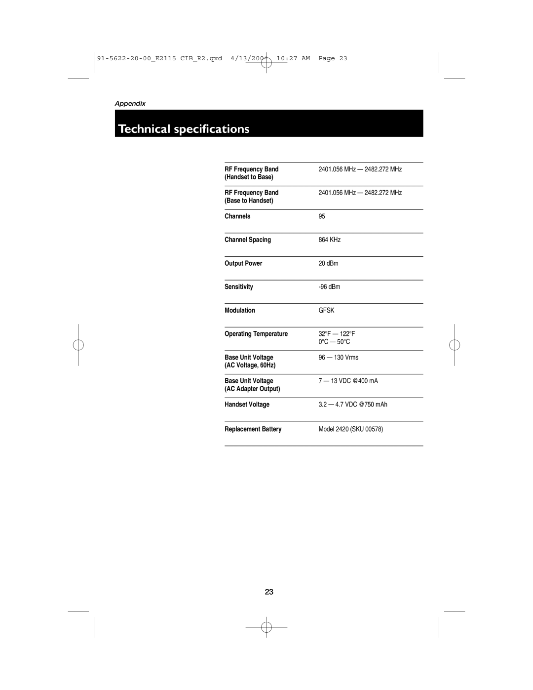 AT&T E2115 user manual Technical specifications, Gfsk 