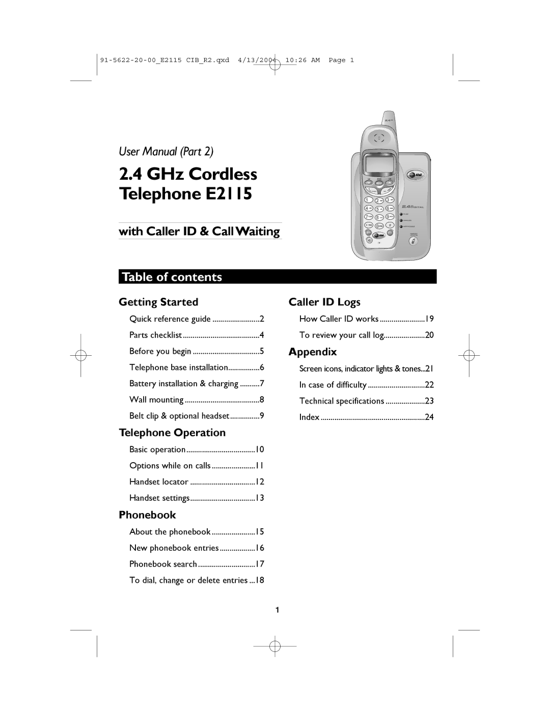 AT&T user manual GHz Cordless Telephone E2115, Table of contents 