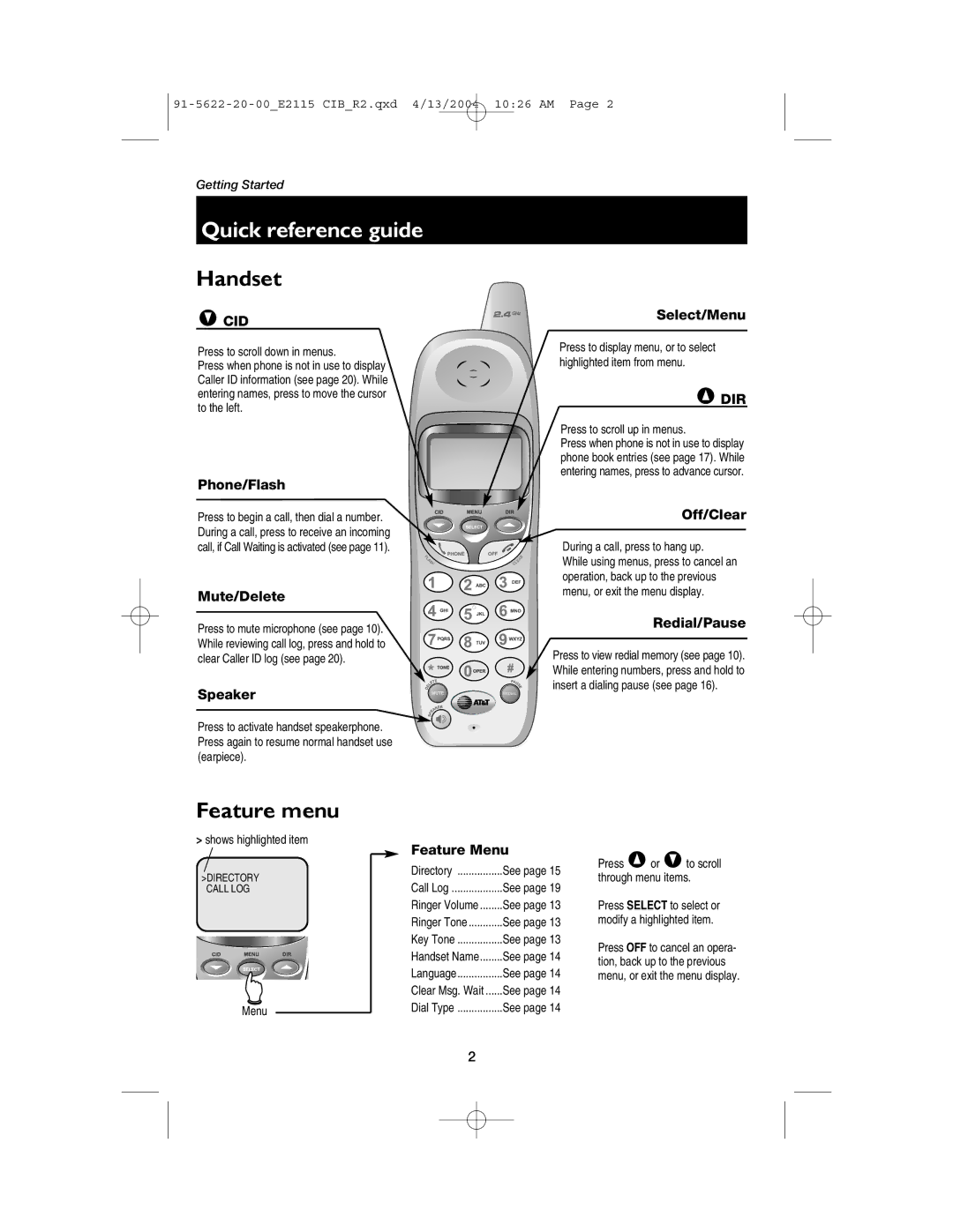 AT&T E2115 user manual Quick reference guide, Handset 