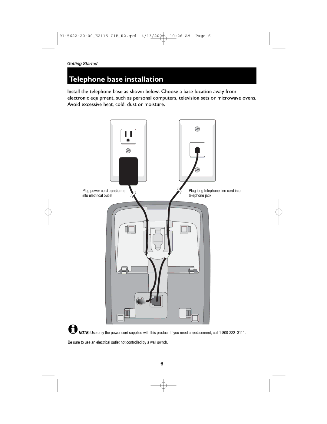 AT&T E2115 user manual Telephone base installation 