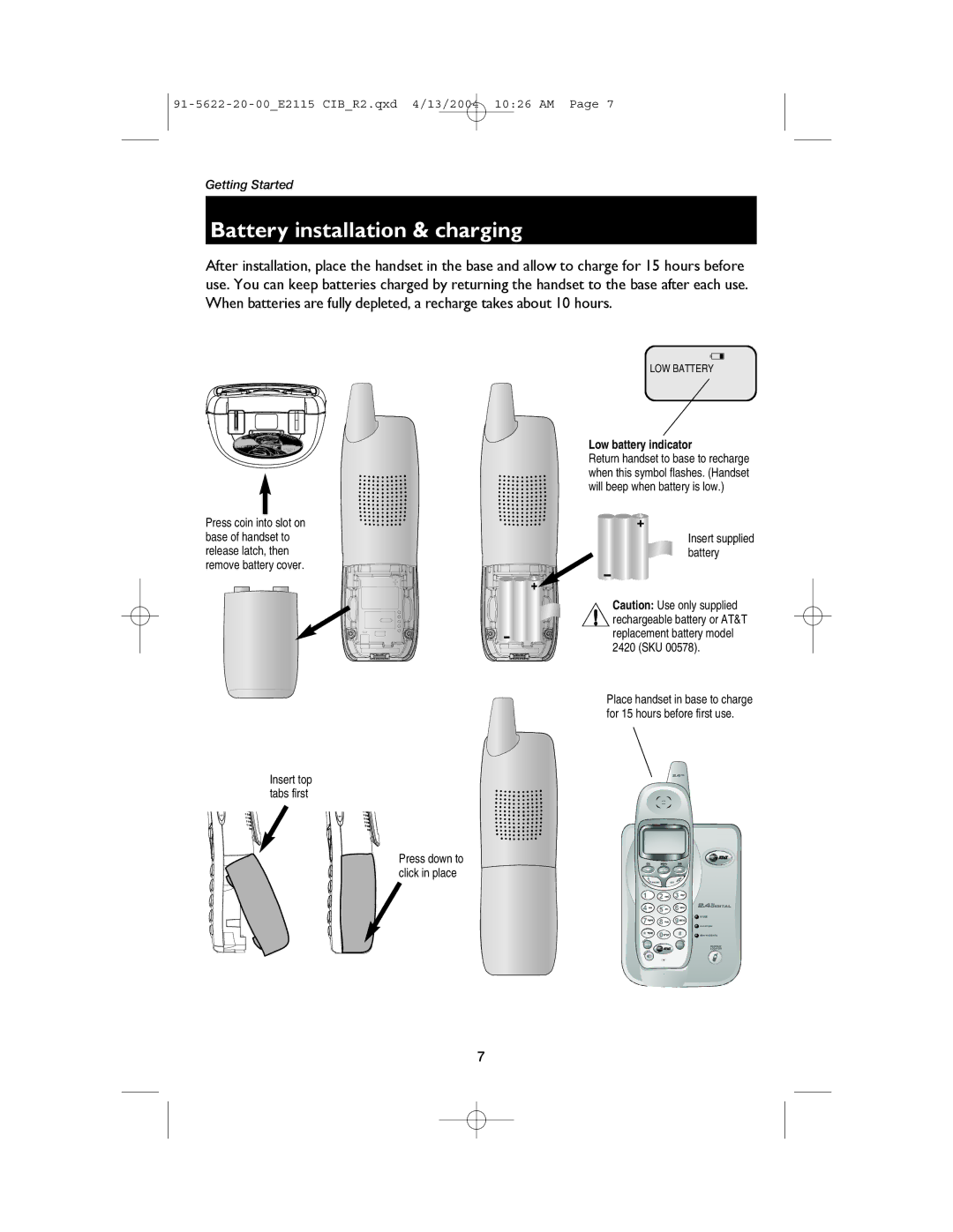 AT&T E2115 user manual Battery installation & charging, Low battery indicator 