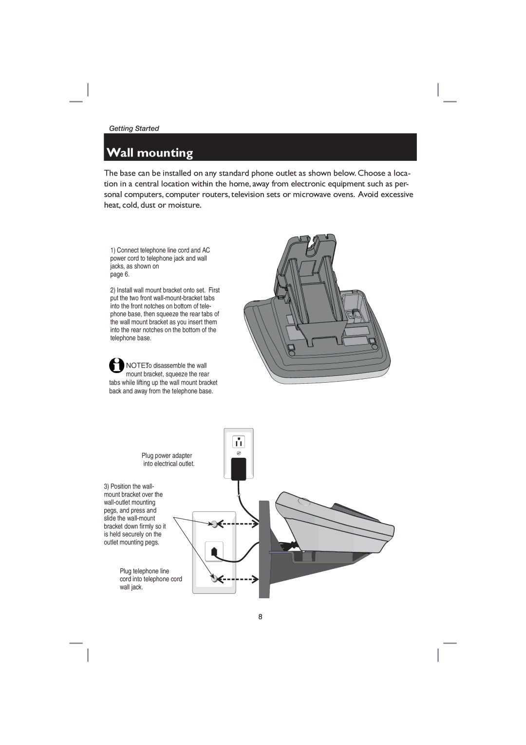 AT&T E2116 user manual Wall mounting, Plug telephone line cord into telephone cord wall jack 