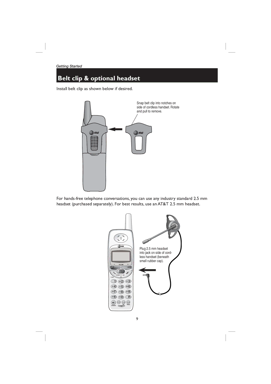 AT&T E2116 user manual Belt clip & optional headset, Install belt clip as shown below if desired 