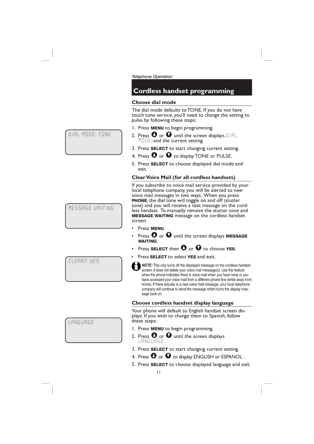 AT&T E2116 Choose dial mode, Clear Voice Mail for all cordless handsets, Choose cordless handset display language 