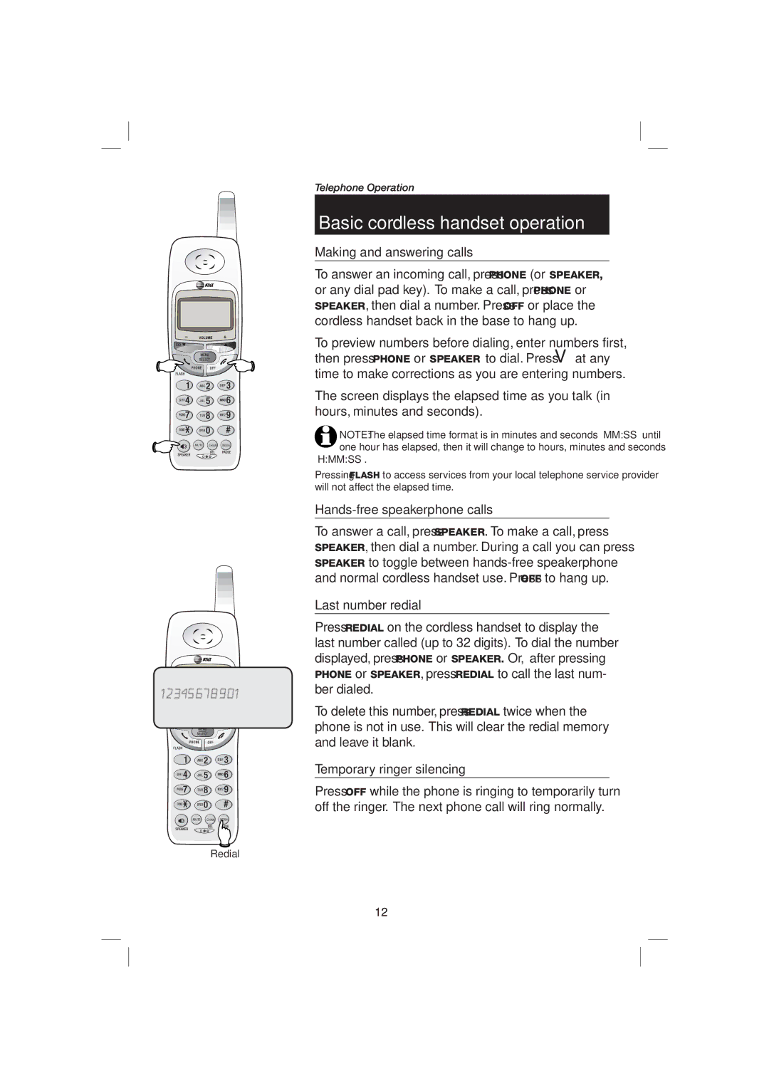 AT&T E2116 Basic cordless handset operation, Making and answering calls, Hands-free speakerphone calls, Last number redial 