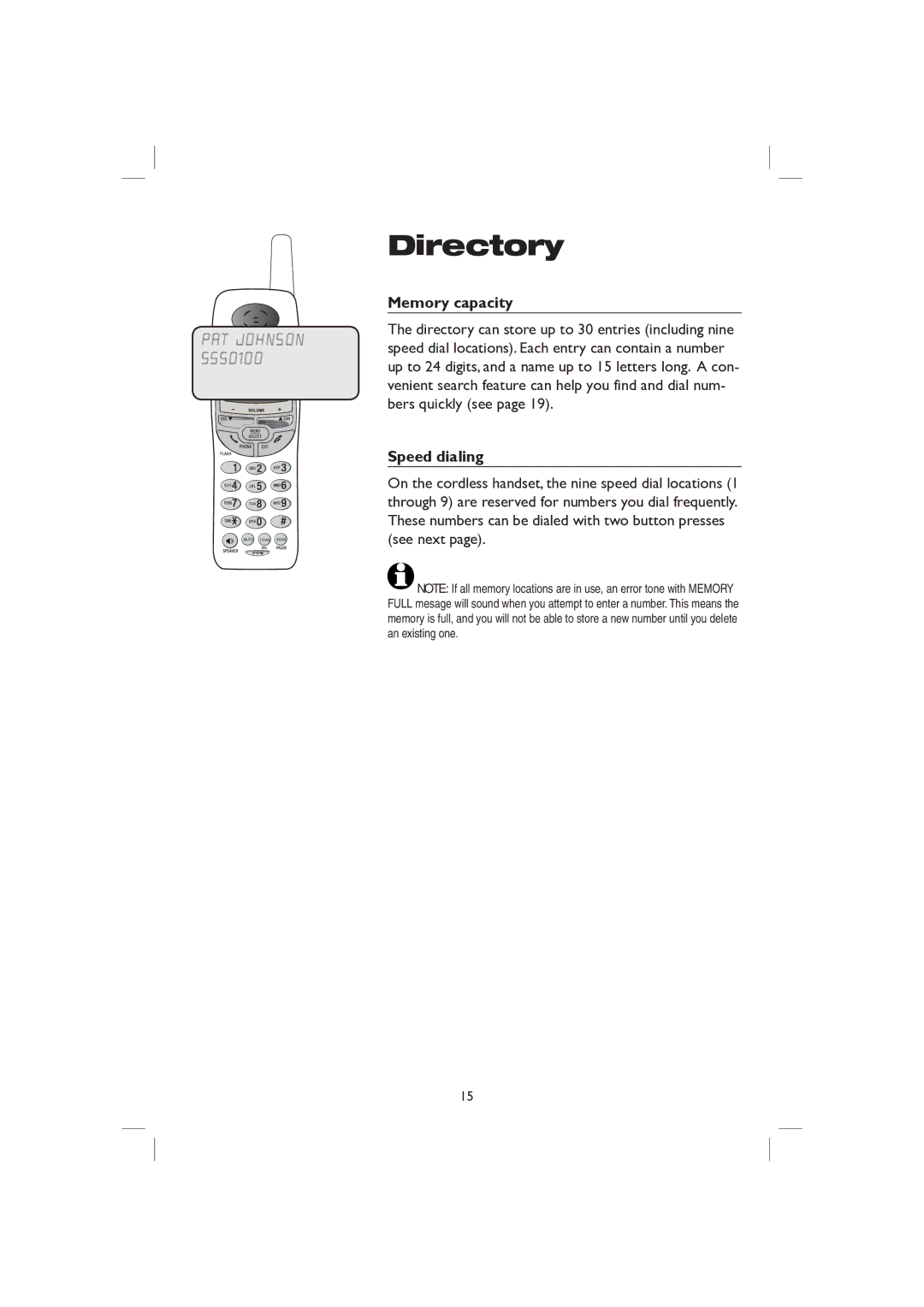 AT&T E2116 user manual Memory capacity, Speed dialing 