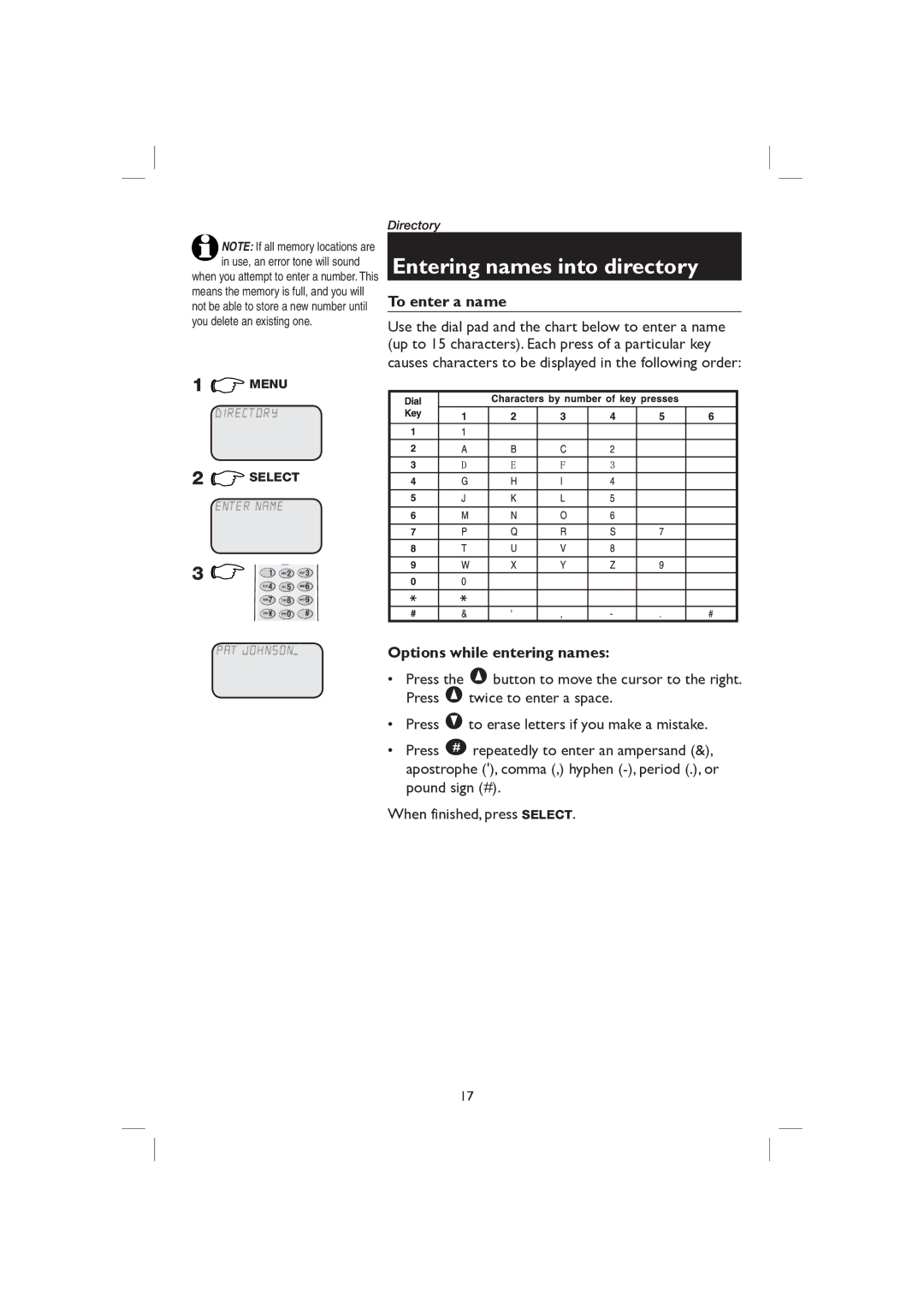 AT&T E2116 user manual Entering names into directory, To enter a name 