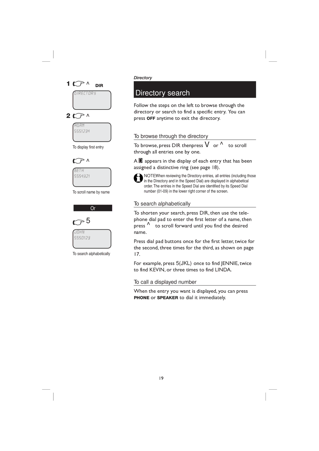 AT&T E2116 Directory search, To browse through the directory, To search alphabetically, To call a displayed number 