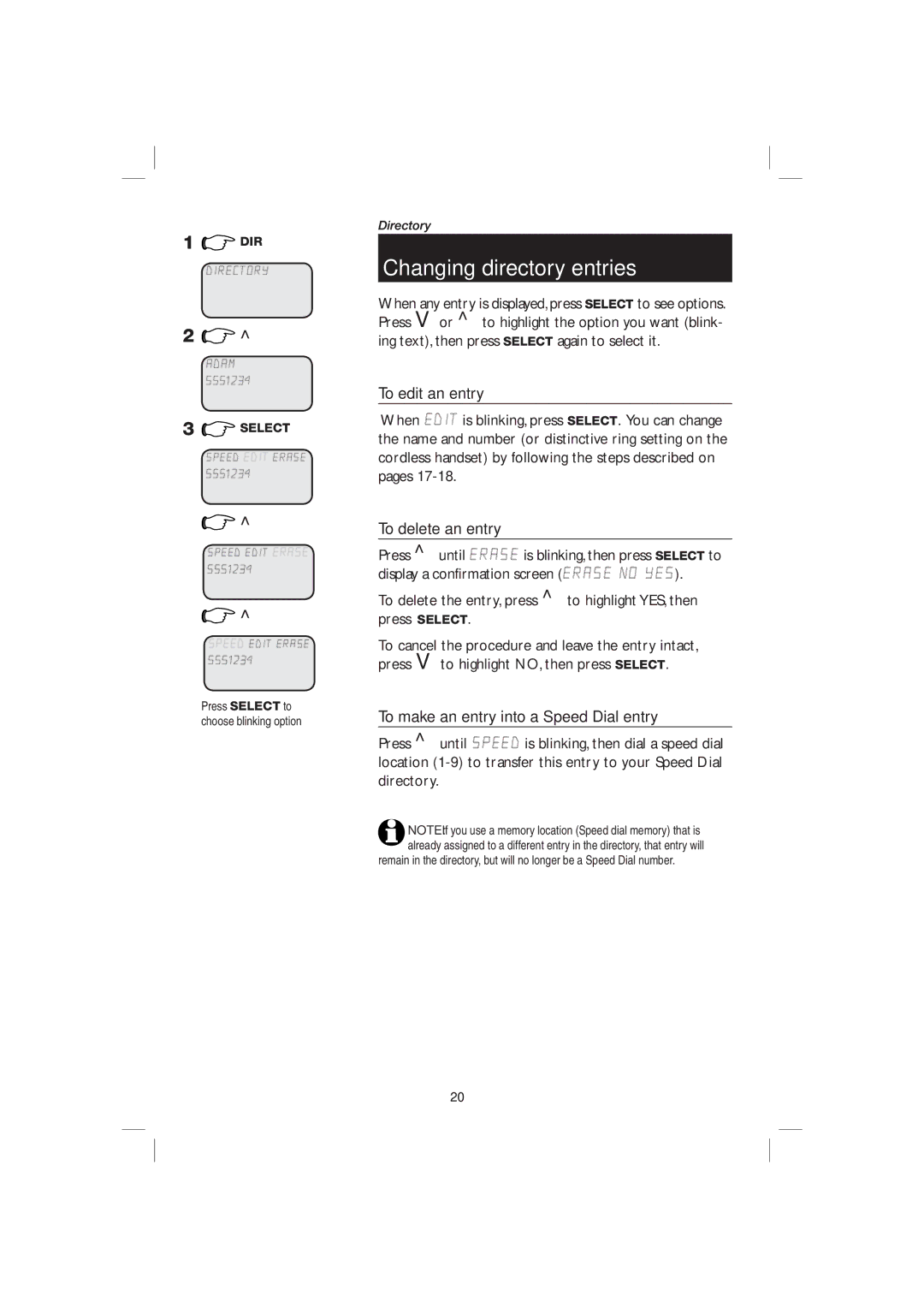 AT&T E2116 Changing directory entries, To edit an entry, To delete an entry, To make an entry into a Speed Dial entry 