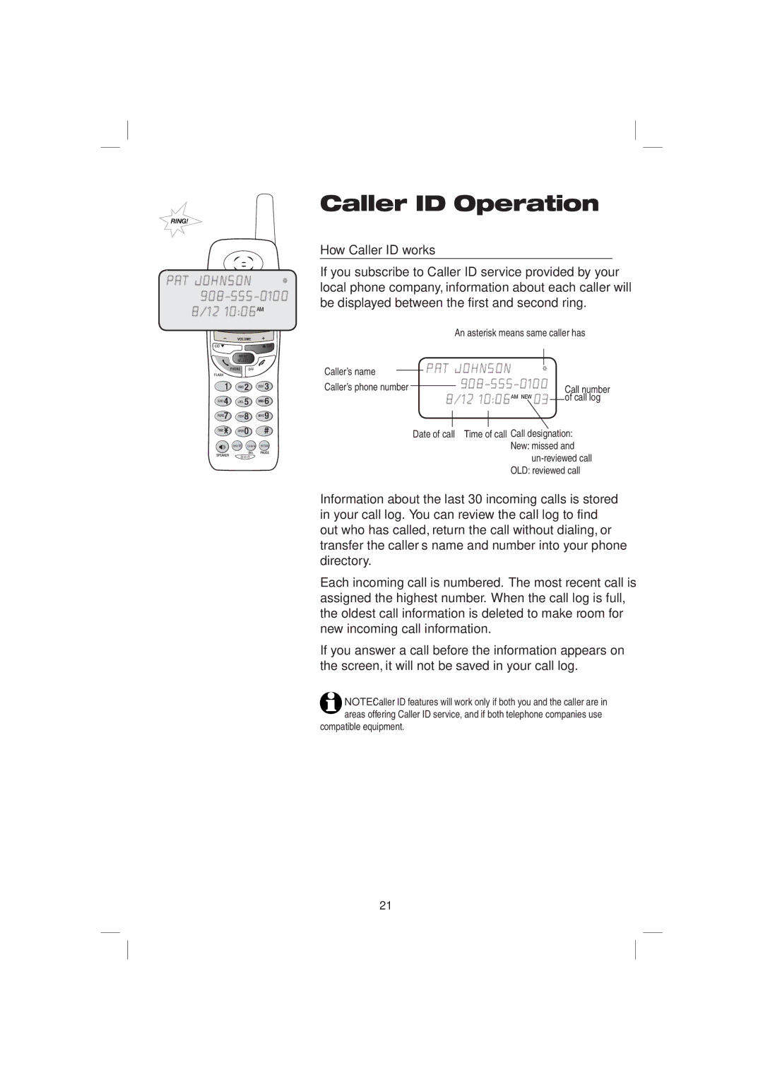 AT&T E2116 user manual How Caller ID works, Caller’s name, Call log, Compatible equipment 