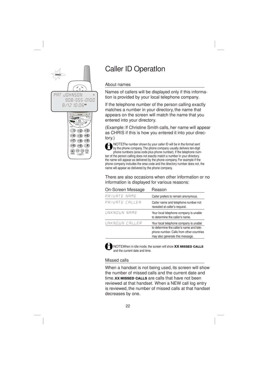 AT&T E2116 user manual About names, On-Screen Message Reason, Missed calls 