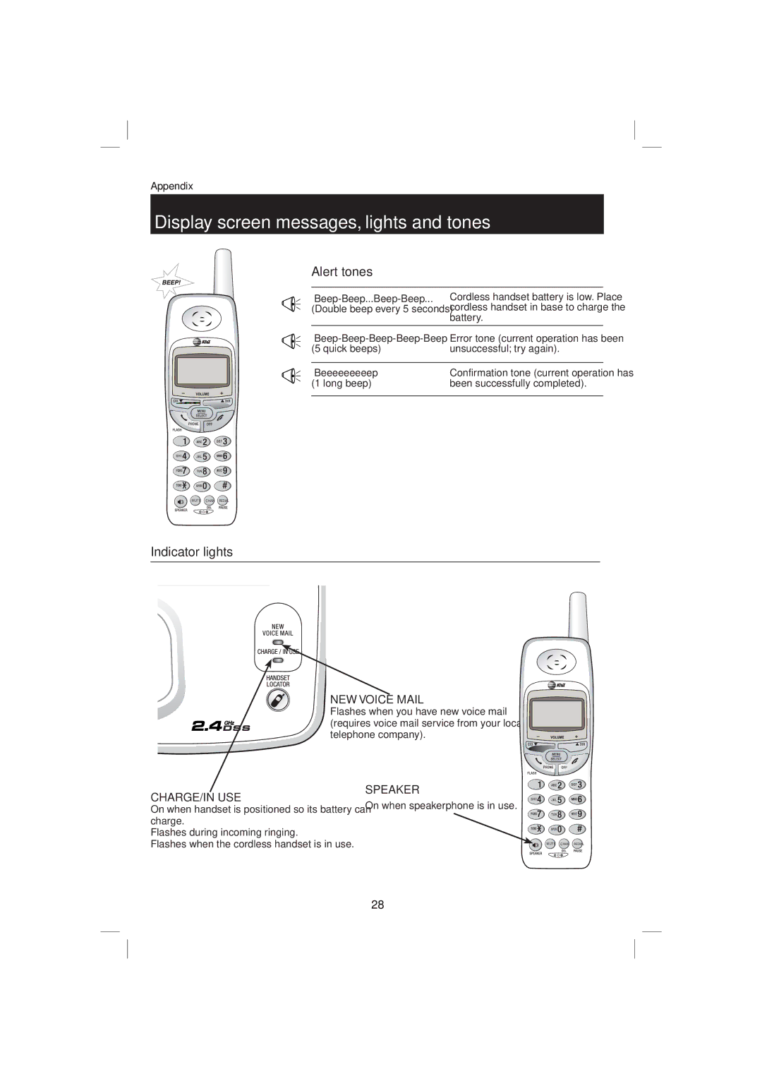 AT&T E2116 user manual Alert tones, Indicator lights 