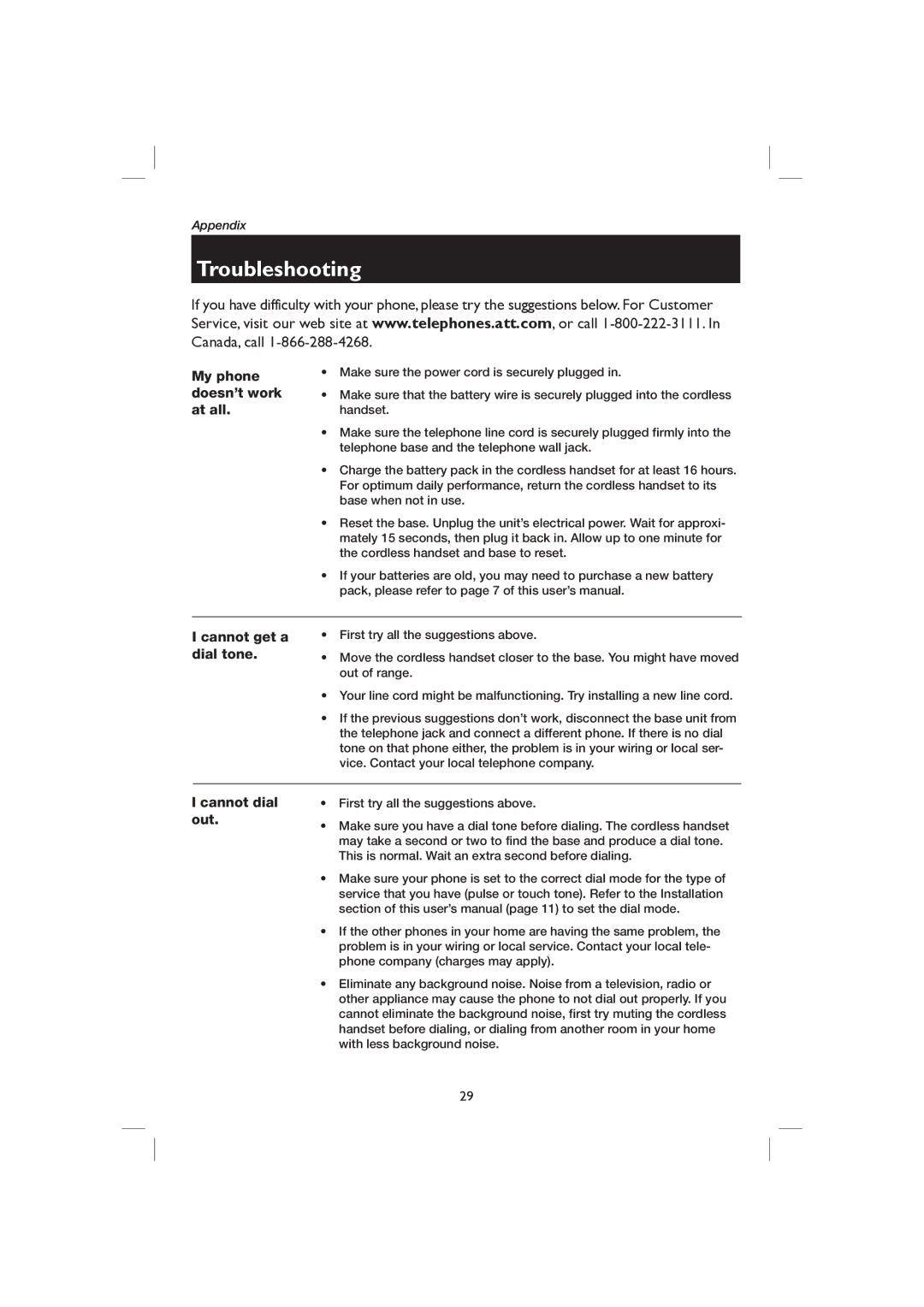 AT&T E2116 user manual Troubleshooting, My phone doesn’t work at all 