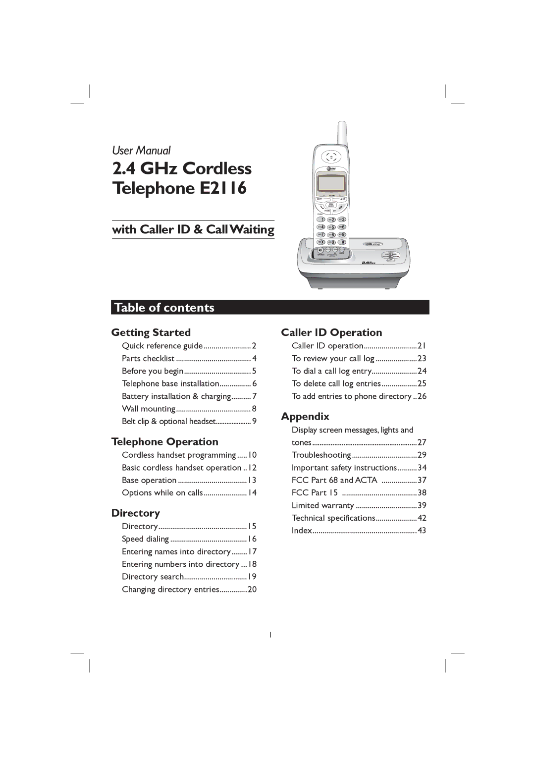 AT&T user manual GHz Cordless Telephone E2116, Table of contents 