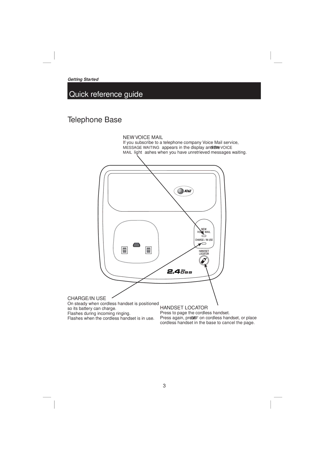 AT&T E2116 user manual Telephone Base, Press to page the cordless handset 