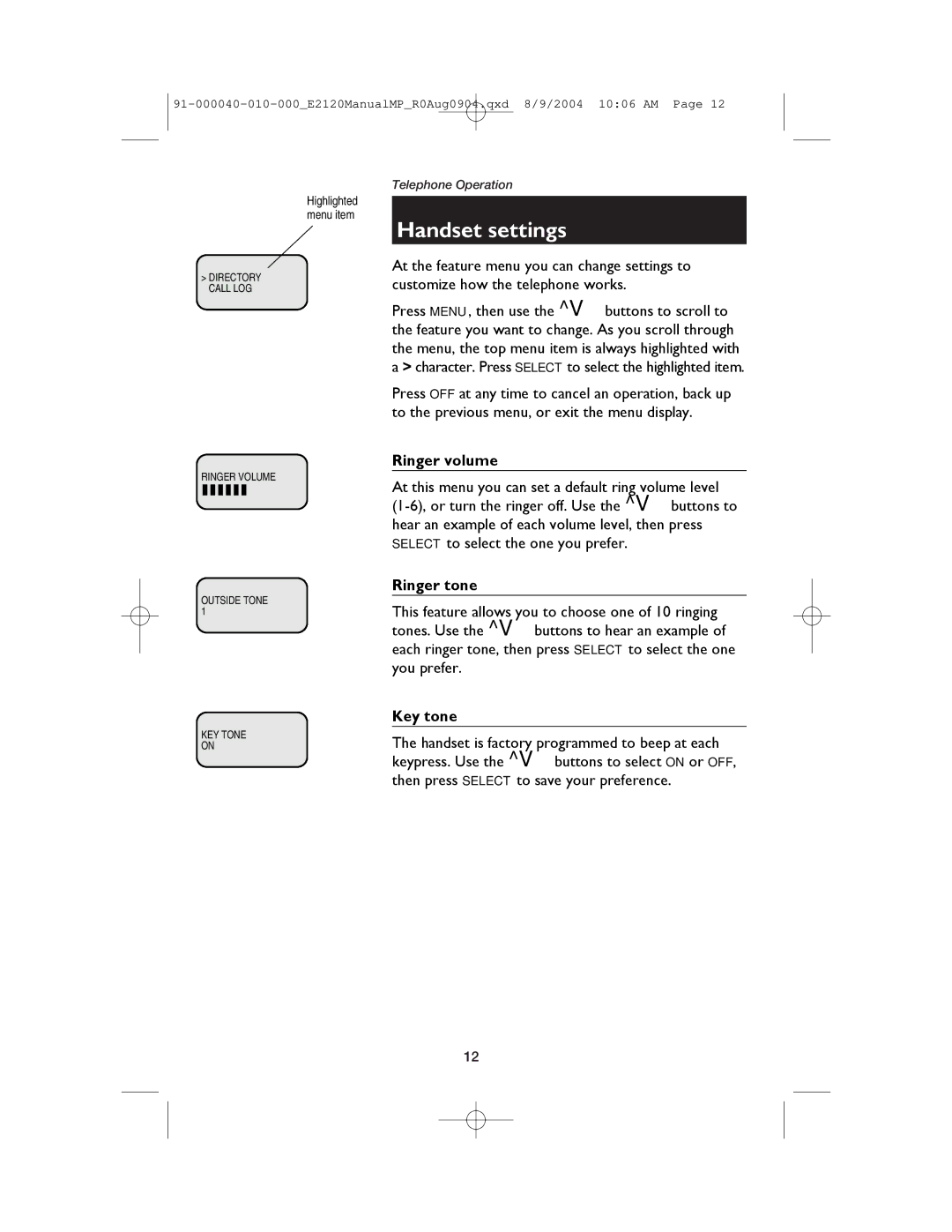 AT&T E2120 user manual Handset settings, Ringer volume, Ringer tone, Key tone 