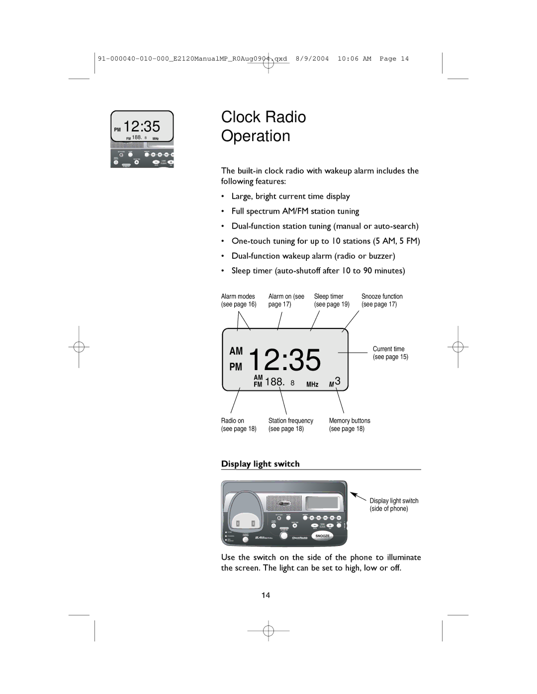 AT&T E2120 user manual Clock Radio Operation, Display light switch 