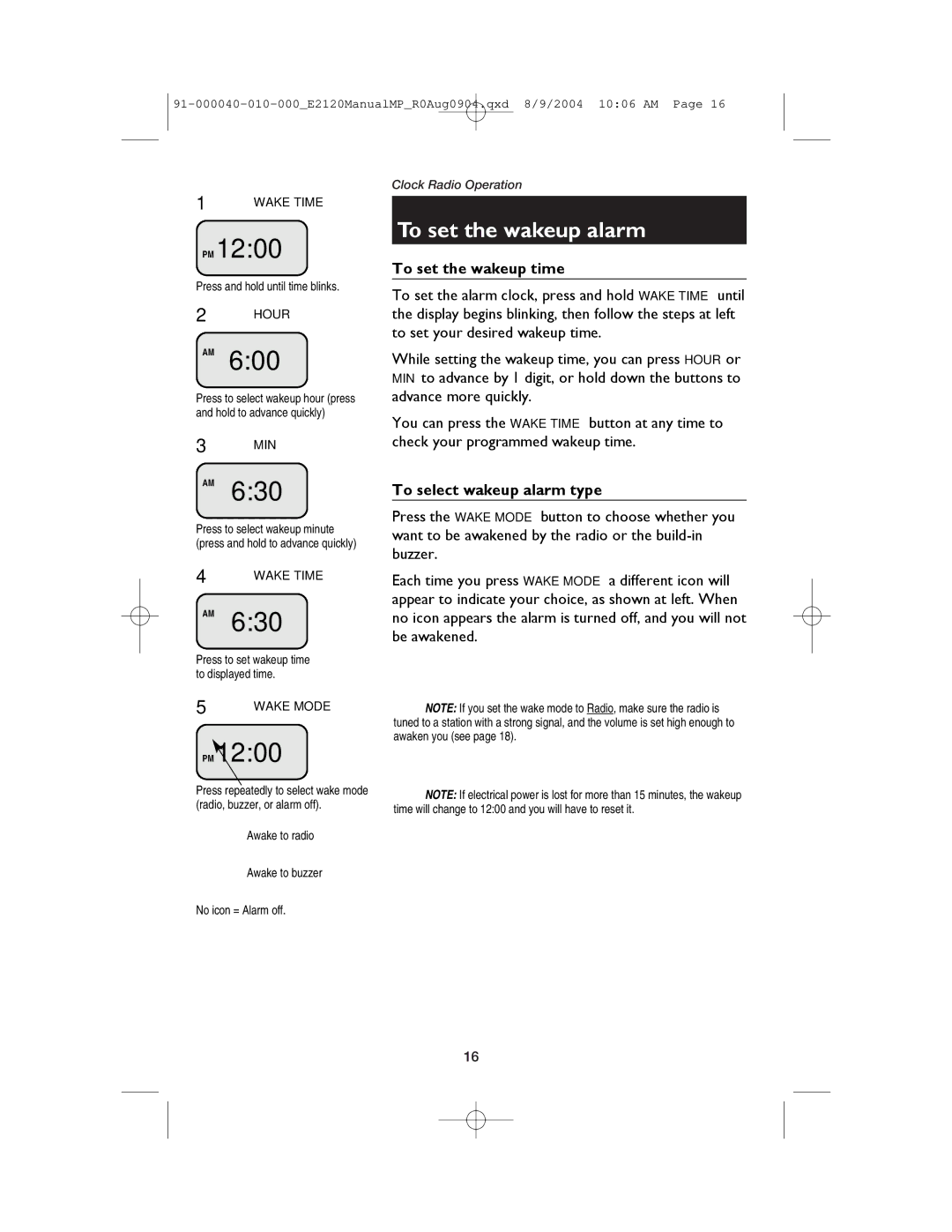 AT&T E2120 user manual To set the wakeup alarm, To set the wakeup time, To select wakeup alarm type 