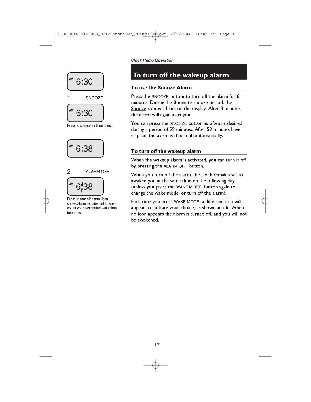 AT&T E2120 user manual To turn off the wakeup alarm, To use the Snooze Alarm 