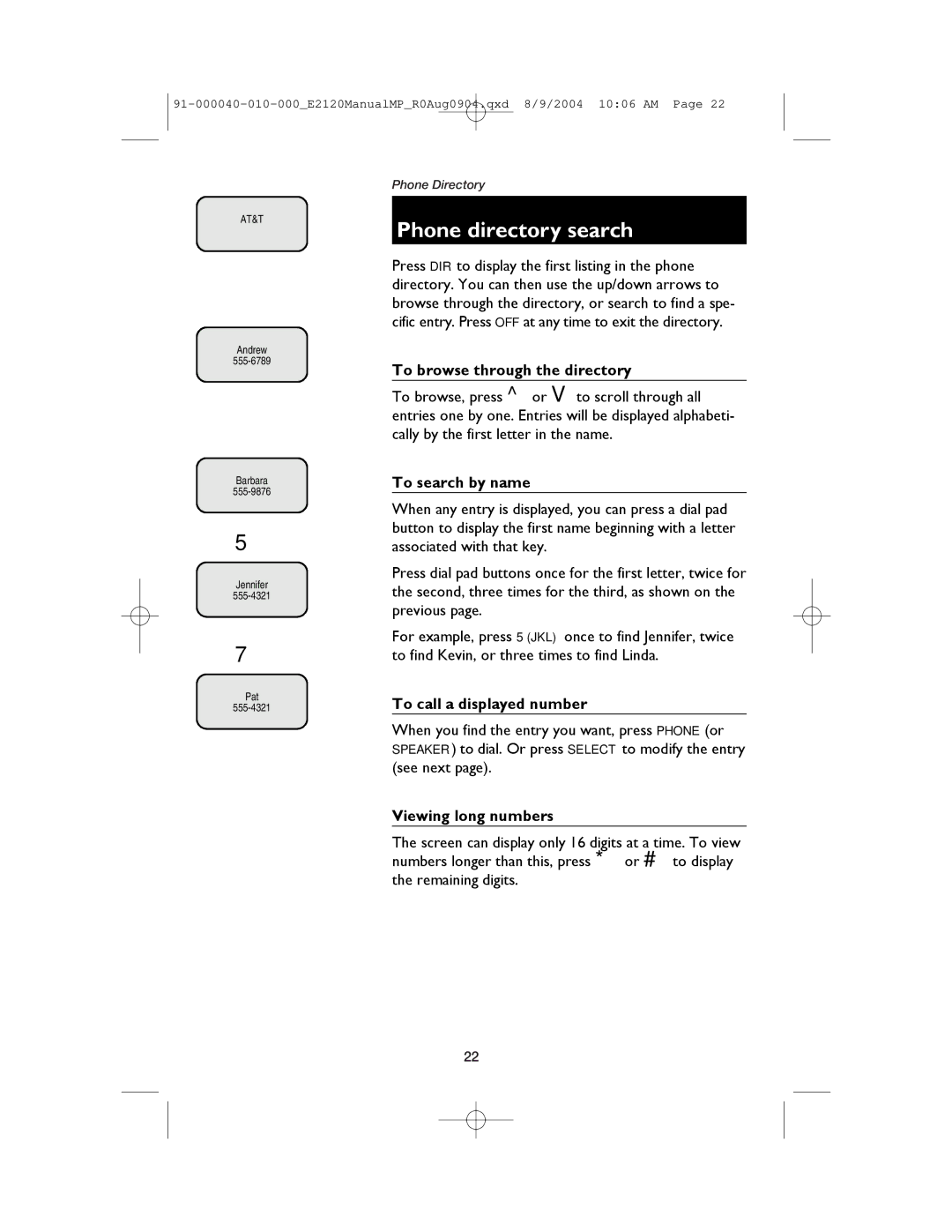 AT&T E2120 Phone directory search, To browse through the directory, To search by name, To call a displayed number 