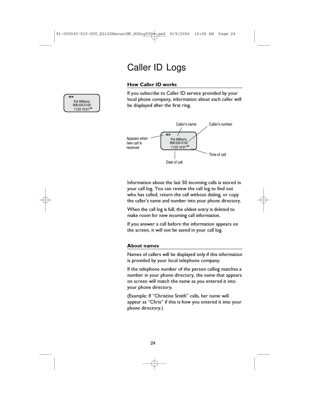 AT&T E2120 user manual How Caller ID works, About names 