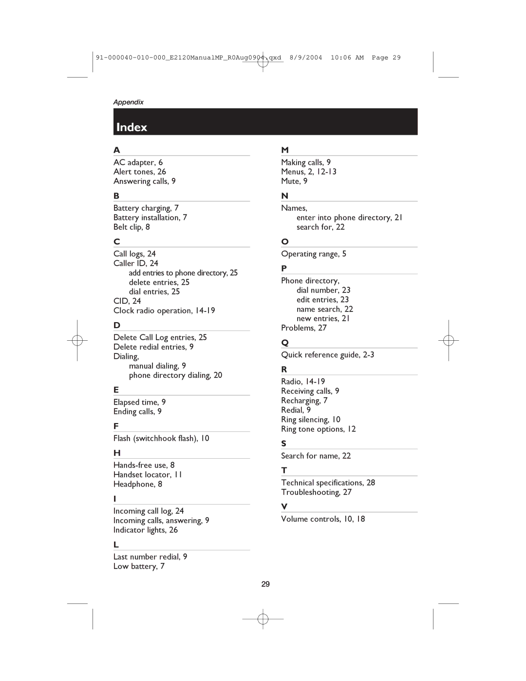 AT&T E2120 user manual Index 