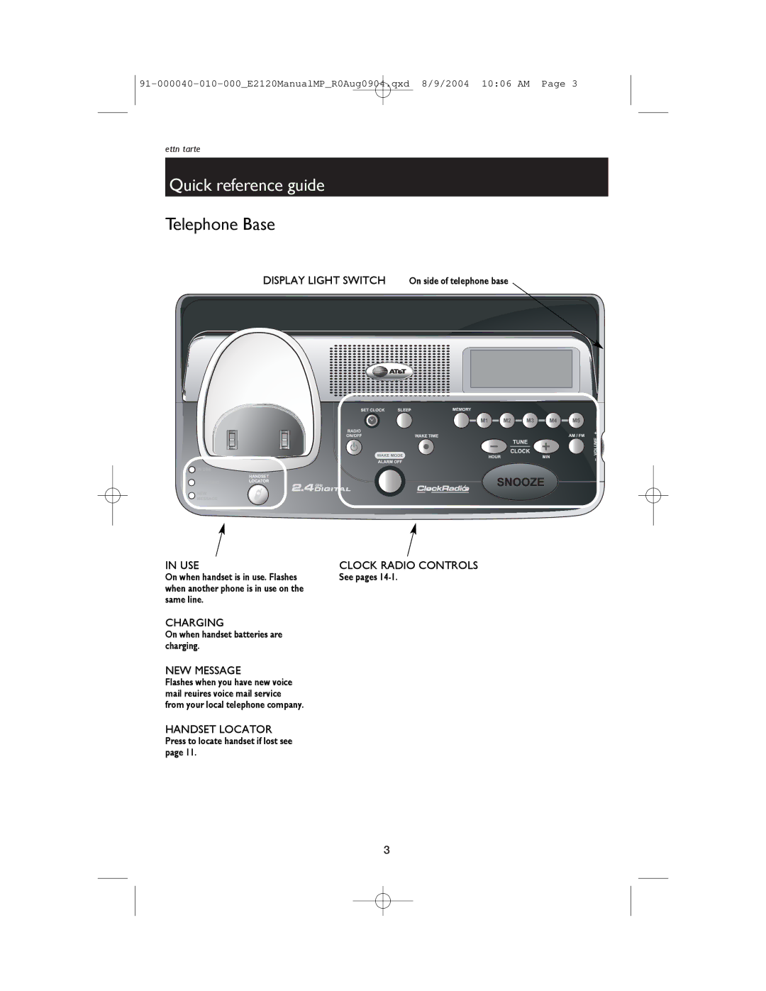 AT&T E2120 user manual Telephone Base 