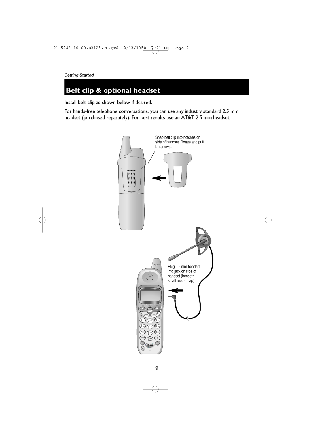 AT&T E2125 user manual Belt clip & optional headset, Install belt clip as shown below if desired 