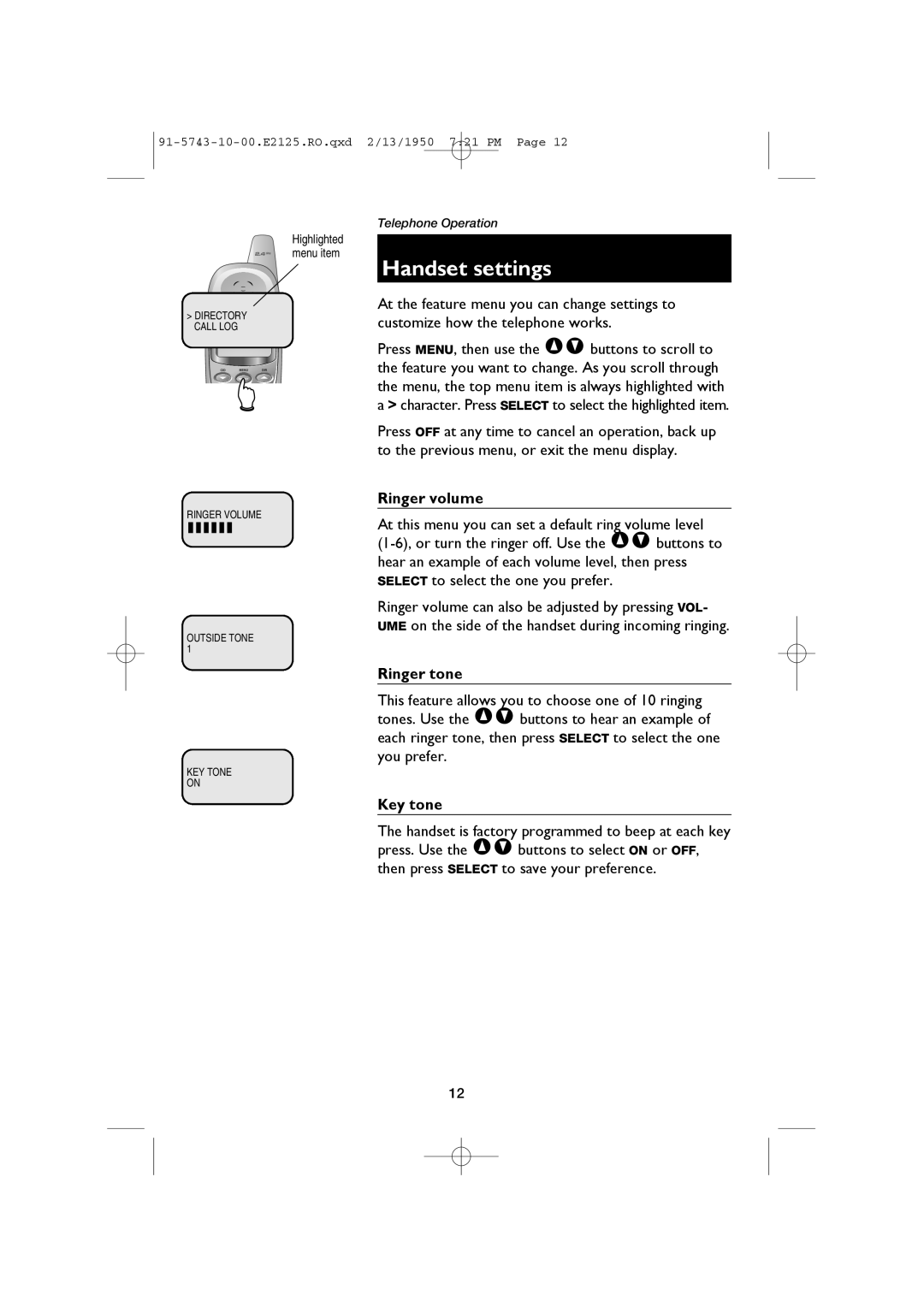 AT&T E2125 user manual Handset settings, Ringer volume, Ringer tone, Key tone 