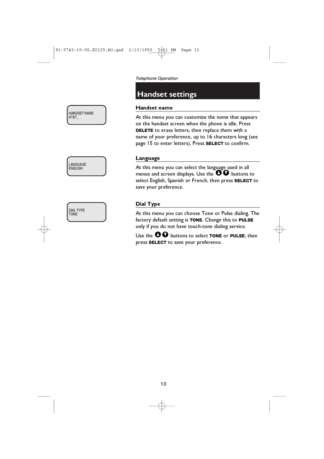 AT&T E2125 user manual Handset name, Language, Dial Type 