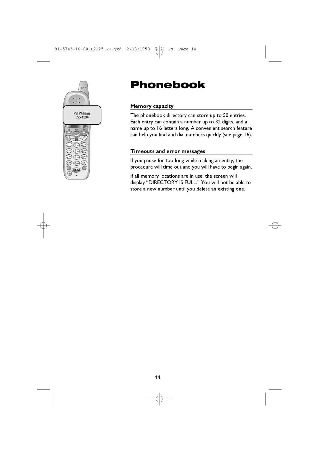 AT&T E2125 user manual Memory capacity, Timeouts and error messages 