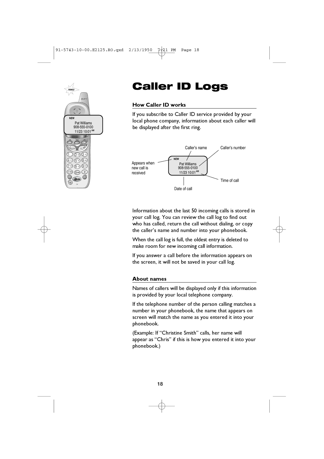 AT&T E2125 user manual How Caller ID works, About names 