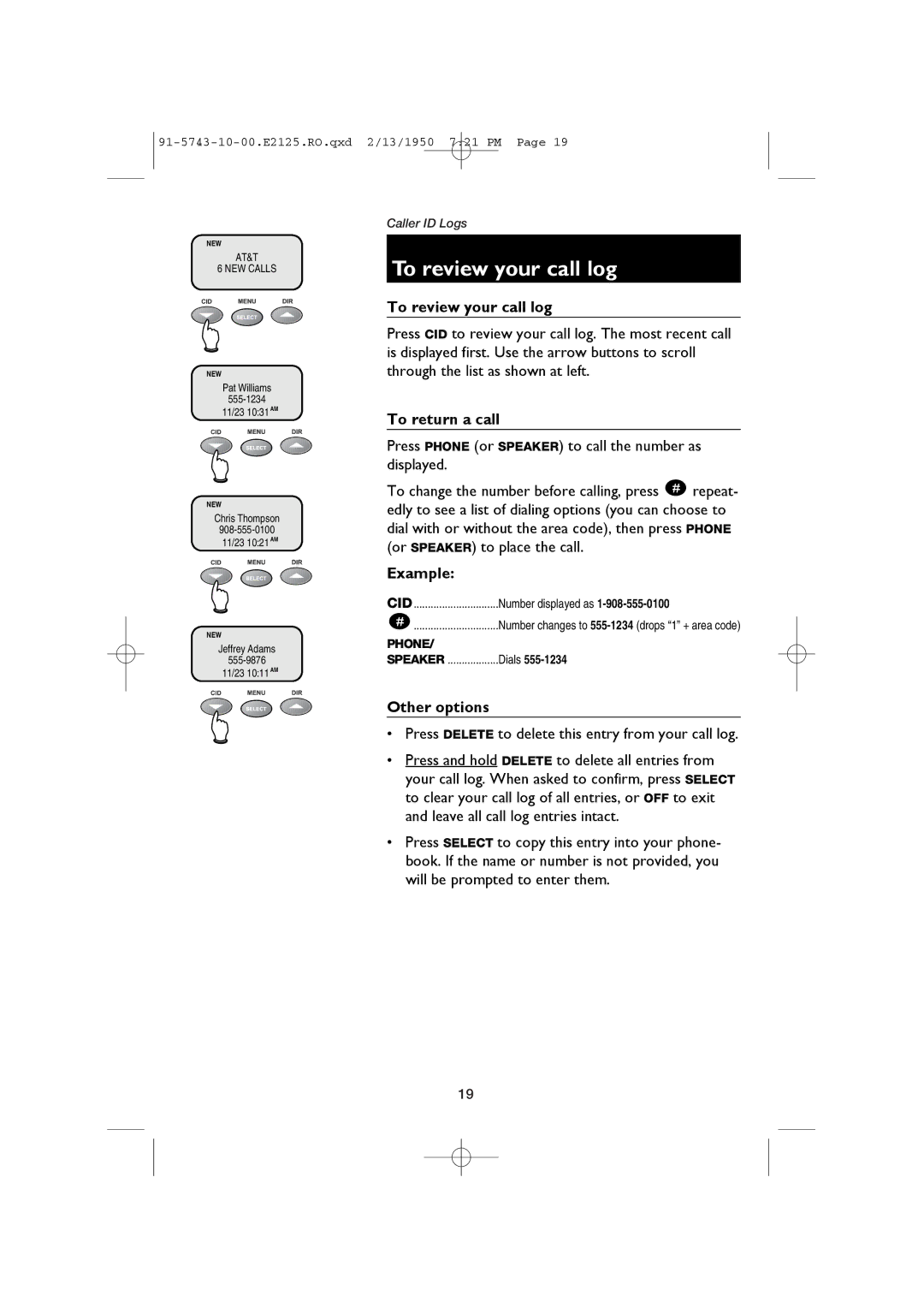 AT&T E2125 user manual To review your call log, To return a call, Example, Other options 