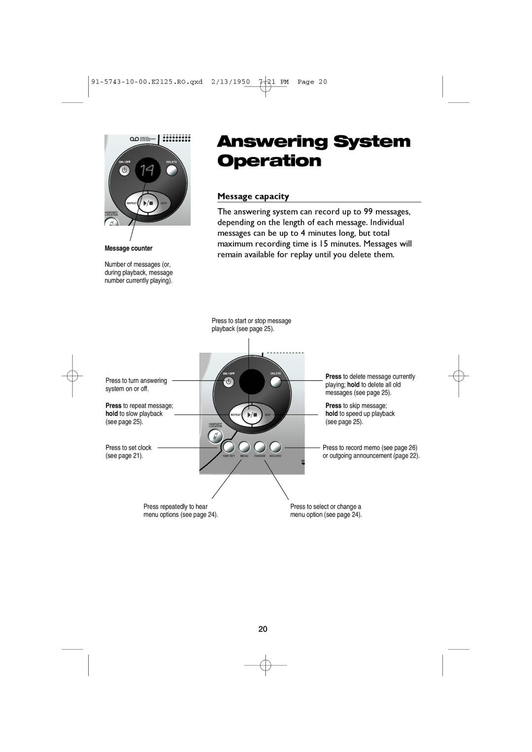 AT&T E2125 user manual Answering System Operation, Message capacity 