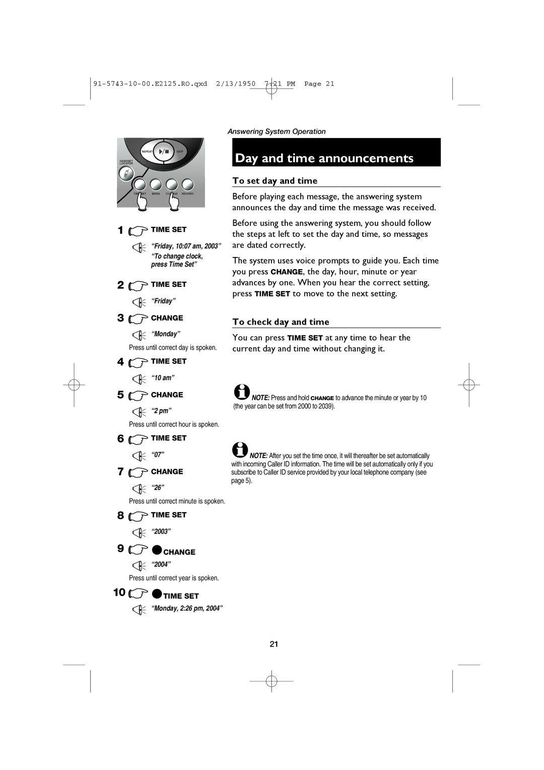 AT&T E2125 user manual Day and time announcements, To set day and time, To check day and time 