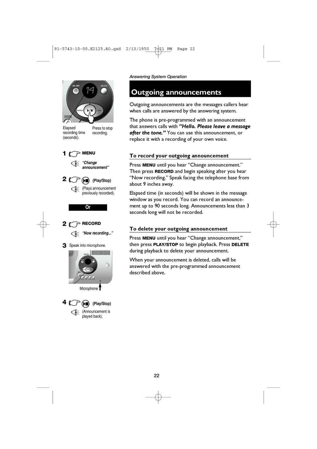 AT&T E2125 user manual Outgoing announcements, To record your outgoing announcement, To delete your outgoing announcement 