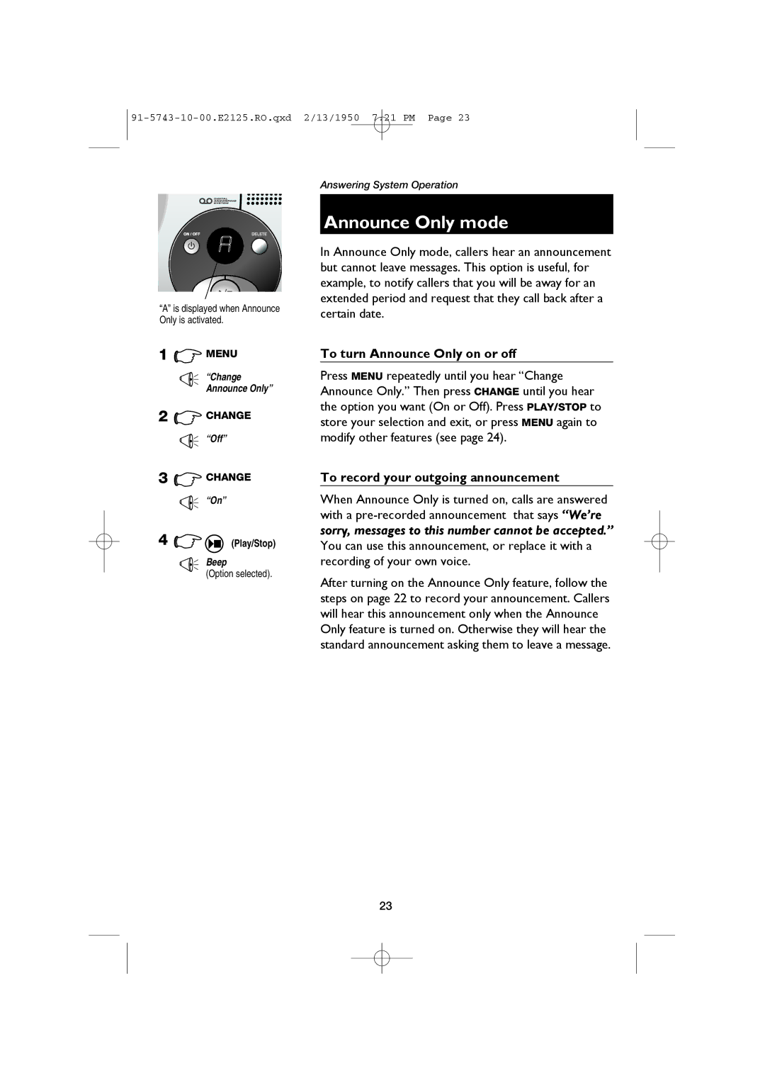 AT&T E2125 user manual Announce Only mode, To turn Announce Only on or off 