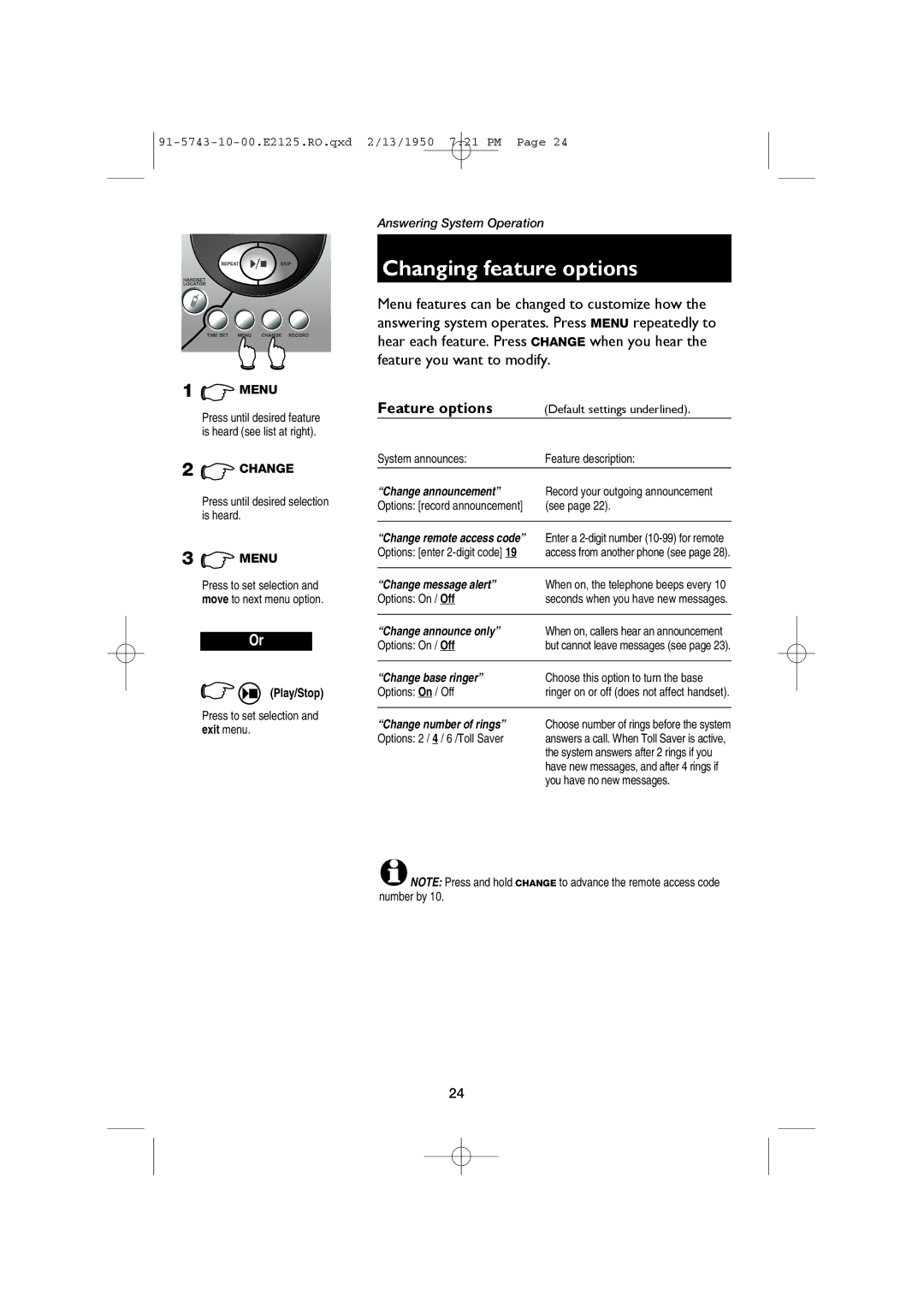 AT&T E2125 user manual Changing feature options, Feature options 