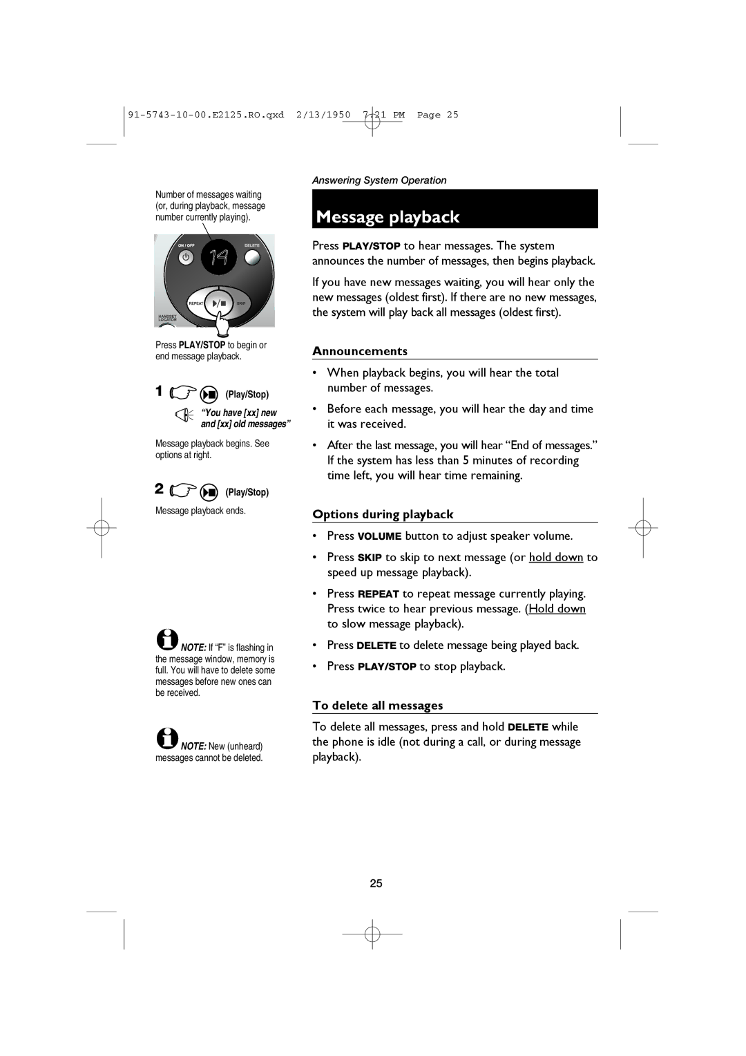 AT&T E2125 user manual Message playback, Announcements, Options during playback, To delete all messages 